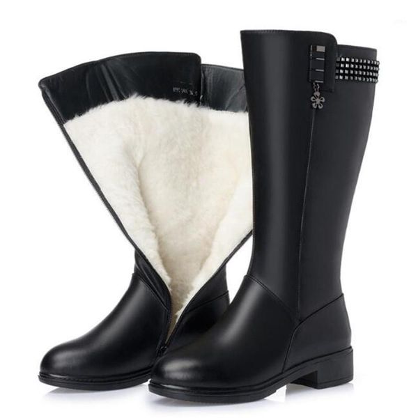 

boots 2021 winter genuine leather wool women elegant fashion knight warm snow high large size 35-431, Black