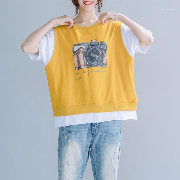

women's t-shirt 2021 women summer hit color fake two short sleeve o-neck loose casual printed stitching t-shirts1, White