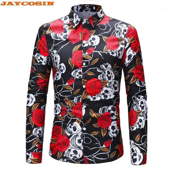 

jaycosin fashion skull rose printed men casual slim fit shirts men dress shirt men's long sleeve turn-down collar spring shirts1, White;black