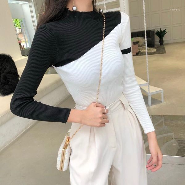 

lucyever fashion patchwork turtleneck black sweater women knitted elasticity slim solid shirt woman new winter simple pull femme1, White;black