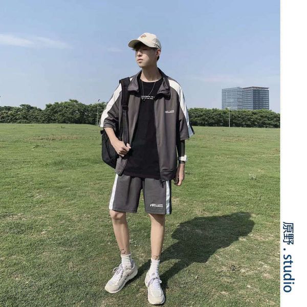 

2020 men's casual new suit wear summer korean fashion cool short sleeve shorts two piece sportswear, Gray