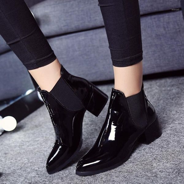 

2020 winter new boots fashion shoes women boots elasticated patent leather ankle pointed low heel shoes1, Black