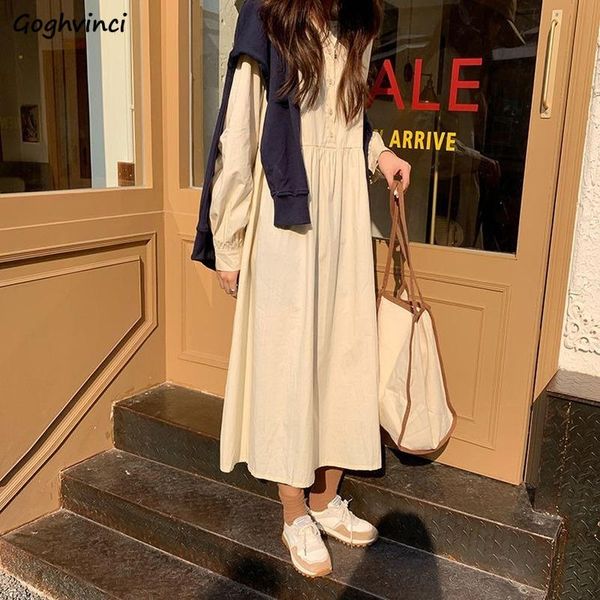 

casual dresses long sleeve dress women solid button pleated loose sweet simple elegant students daily lovely streetwear korean style all-mat, Black;gray