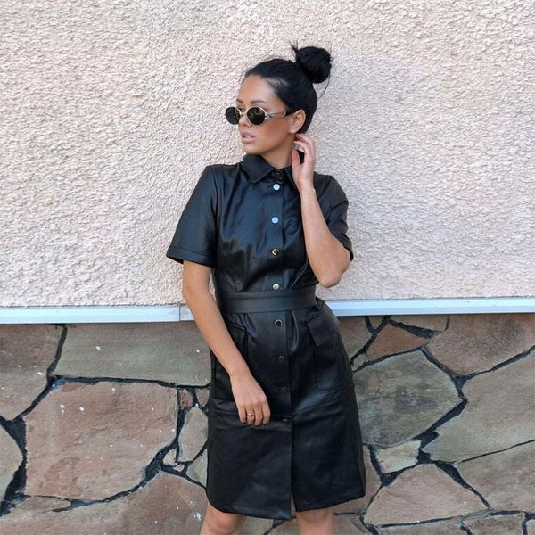 

women casual pu leather straight dress ladies short sleeve turn down collar elegant dress 2020 new spring mini vintage pockets, Black;gray