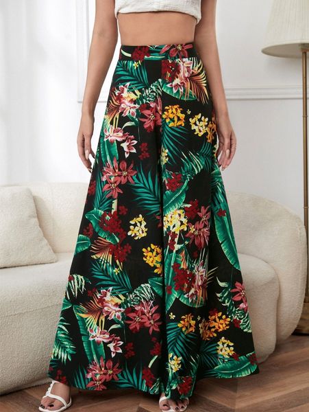 

tropical print super wide leg pants 04nf#, Black;white