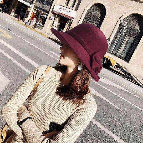 

big bowknit dome fedoras hats for women winter autumn jazz hat imitation woolen elegant ladies bowler hats, Blue;gray