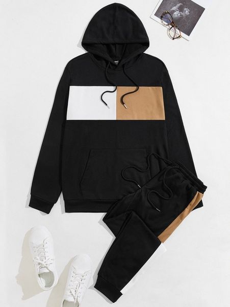 

men color block kangaroo pocket drawstring hoodie & sweatpants p9u7#, Gray