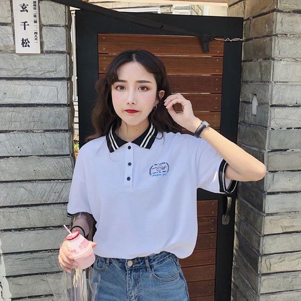

harajuku polo shirt female korean cute japanese letter printing vintage bf loose short sleeved t shirt womens fashion, White