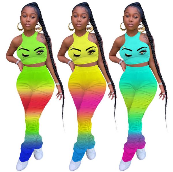 

women sports 2piece set fashion casual rainbow printed t shirt pencil pants outfite gradient colour club sleeveless vest leggings suit cy139, Gray
