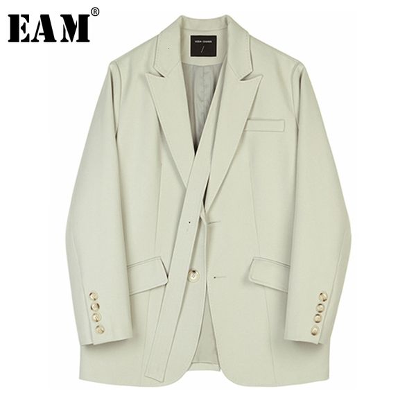 

[eam] women bandage temperament spliced blazer new lapel long sleeve loose fit jacket fashion tide spring autumn 1b767 201023, White;black