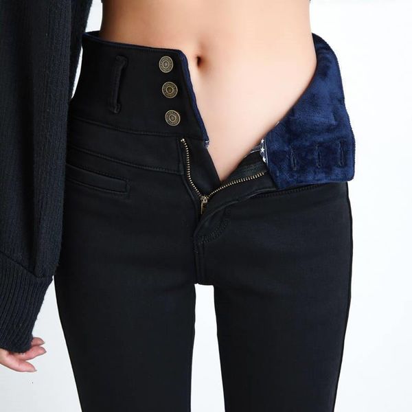 

new high waist velvet thick jeans female winter skinny stretch warm jeans pants mom black denim trousers with fleece pants p125, Blue