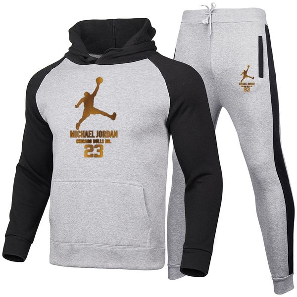 

fashion brand printing 23 men's set fleece hoodie pant thick warm tracksuit sportswear hooded track suits male sweatsuit tracksuit, Gray