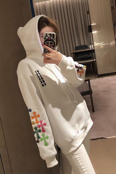 

sanskrit new leather stitching embroidery plush thickened hooded sweater in autumn and winter 92qh, Black