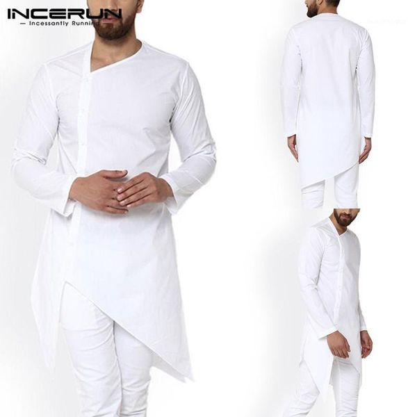 

men's casual shirts incerun men long shirt sleeve button solid color irregular robe clothes vintage streetwear muslim 3xl1, White;black
