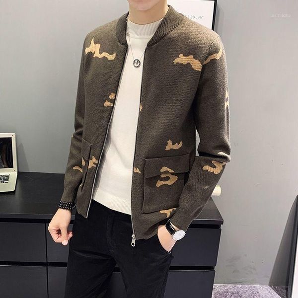 

spring autumn simple fashion knitted cardigan men's korean slim handsome camouflage coats stand-up collar sweater jacket tide1, White;black