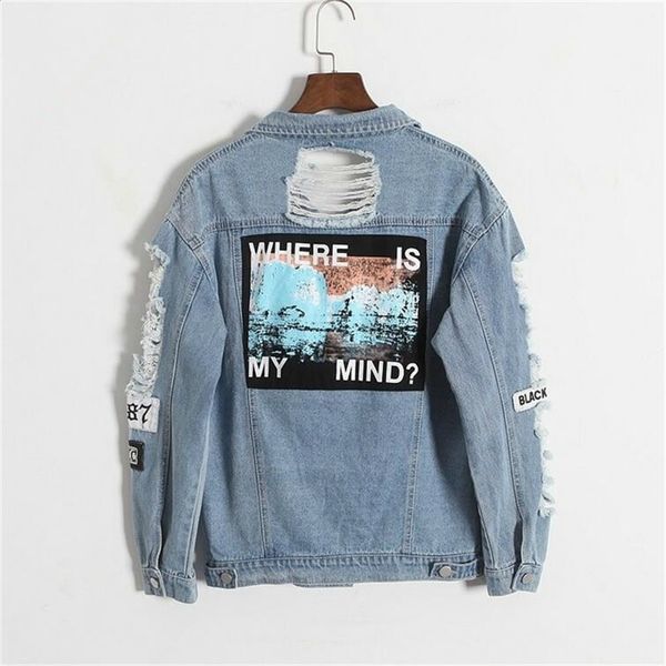 

korea kpop retro washing frayed embroidery letter patch bomber jacket blue ripped distressed denim coat female where is my mind y200101, Black;brown