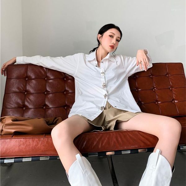 

superaen high-end shirts solid white turn down collar metal ring design fashion women blouses1