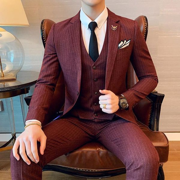 

mens fashion boutique casual business striped suit groom wedding dress formal suits set three-piece (jackets + vest + pants )1, White;black