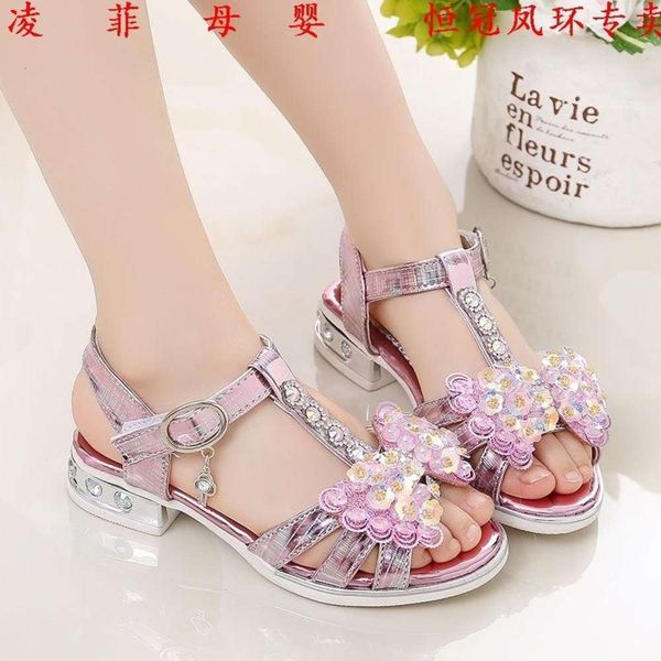 

summer sandals 2020 new princs children's high heel diamond girls' soft soled sho, Black;red