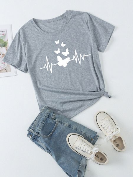 

butterfly print crew neck tee t2lv#, White