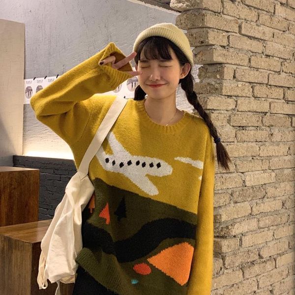 

round neck sweater woman autumn and winter ins korean sweater woman loose hedging aircraft and color contrast lazy knit1, White;black