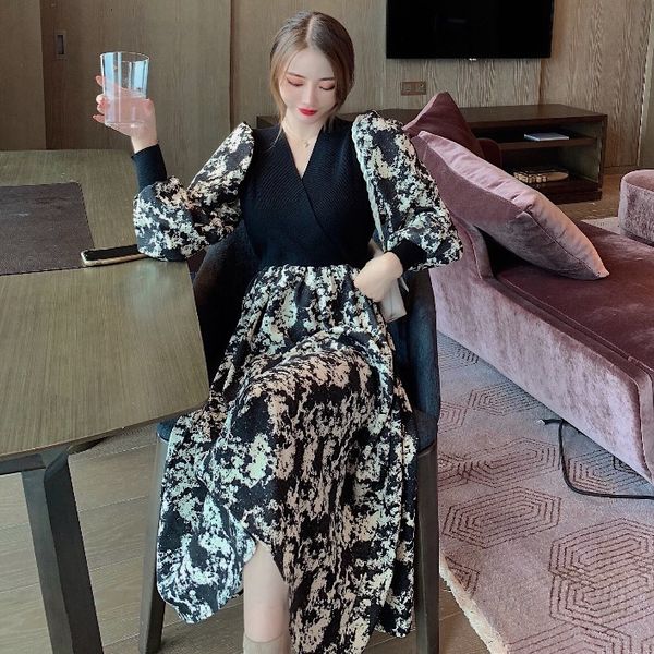 

fall 2020 new floral v-neck knitted splicing medium length skirt waist closing long sleeve dress for women
