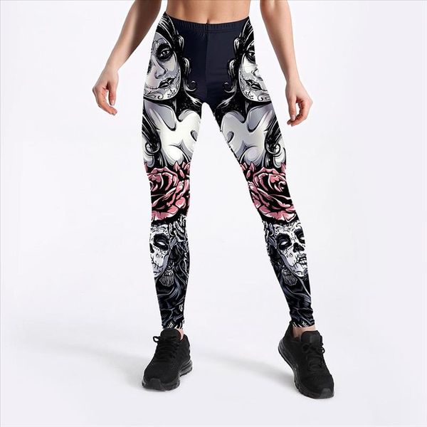 

[youre my secret] 2021 new trendy leggins for women sugar skull rose girl legging push up fitness ankle pants, Black