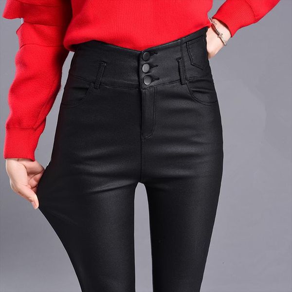 

зима осень женщины плюс velvet кожаные штаны высокой талии упругие блестящая брюки женский карандаш кожаные штаны женщины pantalon femme, Black;white