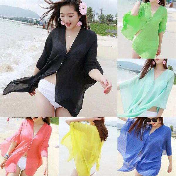 

fashion casual solid bikini cover up summer chiffon beach solid women swimwear cardigan dress clothes for girls, Black;gray