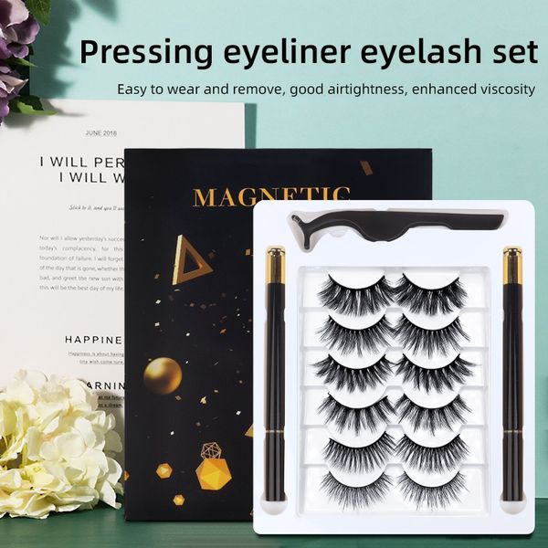 

new generation pressing eyeliner eyelashes set thick natural long 6 pairs self-adhesive fake lashes crisscross with tweezer drop shipping