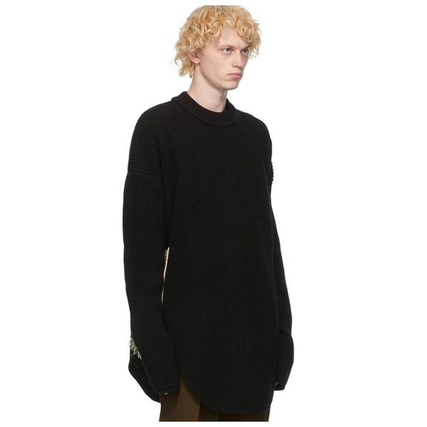 

british casual street style woven tassel stitching open sleeve knitwear men's and women's black round neck sweater coat, White;black