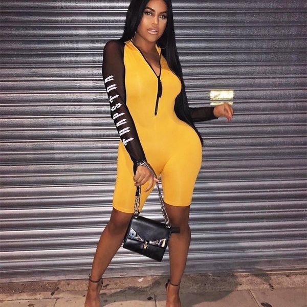 

2020 fitness sheer mesh patchwork playsuit sporting biker zipper bodysuit letter print night club jumpsuit roomper t200704, Black;white