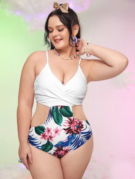 

plus tropical print cut-out one piece swimsuit i70a#, Black