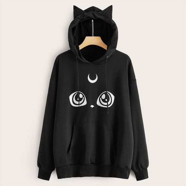 

женщины толстовки с капюшоном осень с длинным рукавом толстовки толстовка женщины cat печати топы толстовка poleron mujer plus размер j31, Black