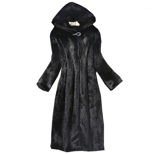 

women's fur & faux 2021 autumn winter women's coat imitation mink long windbreaker cap europe and the united states large size war, Black