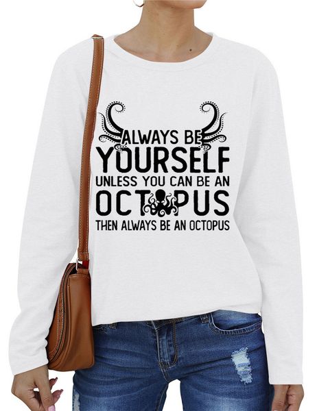 

creative octpus english ocs print casual t-shirt with versatile comfortable crew neck, White