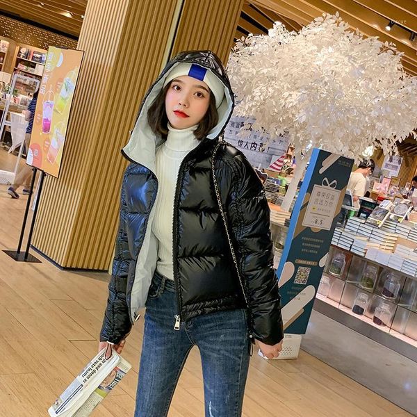

women's down & parkas 2021 winter jacket women short glossy cotton padded hooded bright shiny warm thick female coats 6 colors1, Black