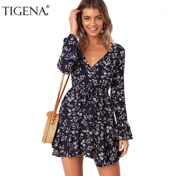 

tigena floral print chiffon long sleeve dress women 2020 summer wrap boho beach mini party dress with belt robe femme red1, Black;gray