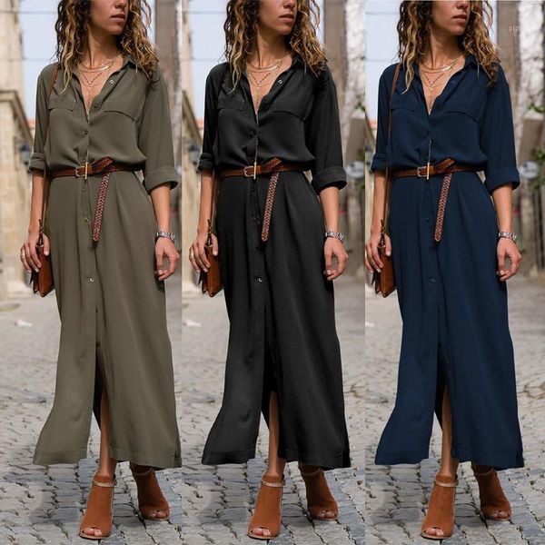 

womens long sleeve button down lapel side split loose maxi blouse shirt dress1, Black;gray