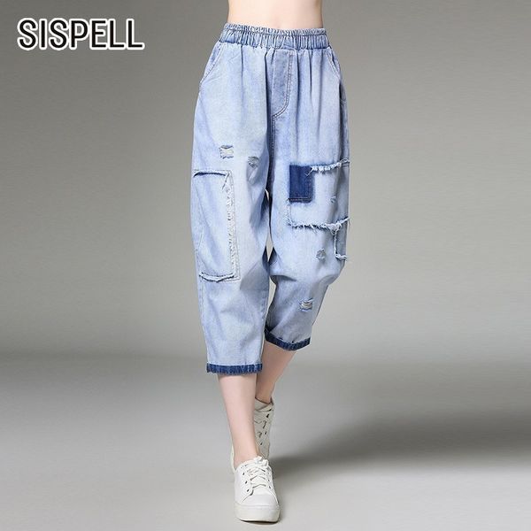 

summer casual blue patchwork jeans for women elastic waist pockets hole loose calf-length pants 2019 female fashion new