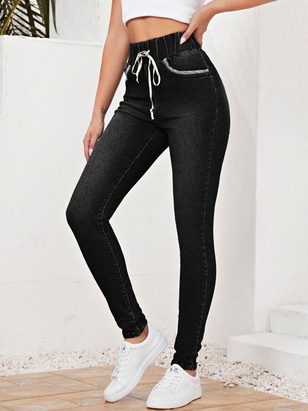 

elastic waist slant pocket skinny jeans j1pb#, Blue