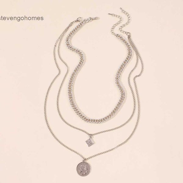 

geometric n7509 carving fashion portrait multi-layer set pendant necklace, Silver