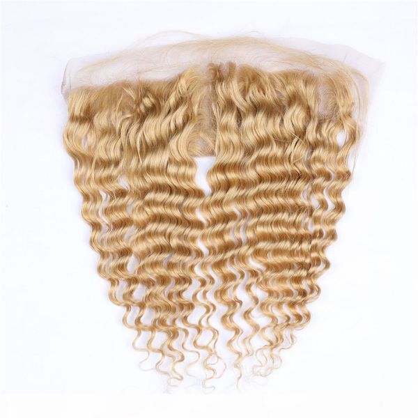 

deep wave #27 honey blonde ear to ear 13x4 lace frontal closure brazilian light brown human hair full lace frontal with baby hairs, Black;brown