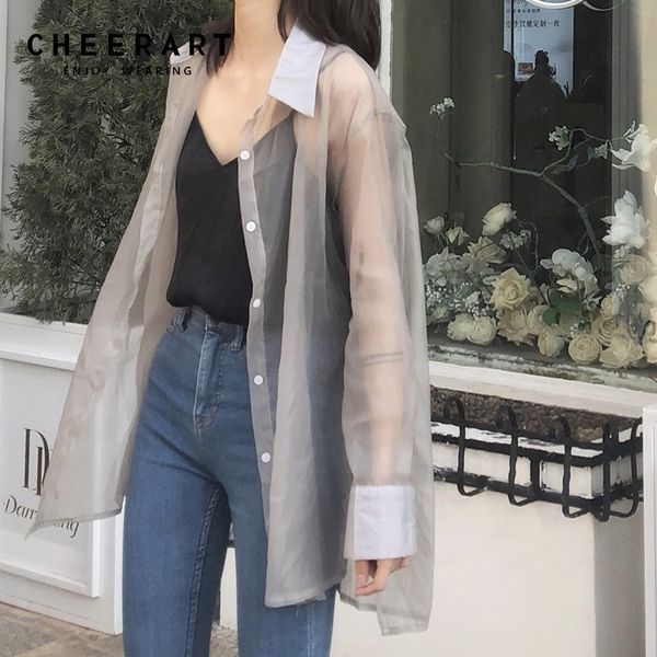 

cheerart transparent blouse women sheer see through shirt long sleeve ladies tulle spring summer clothing y200622, White