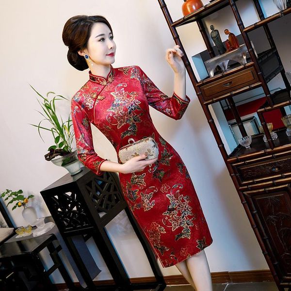 

vintage women red qipao high split chinese traditional party prom dress elegant print cheongsam oriental long vestidos1