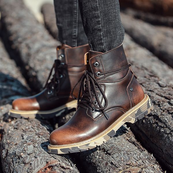 

genuine leather waterproof lace up military ankle boots shoes fashion for men winter casual, Black