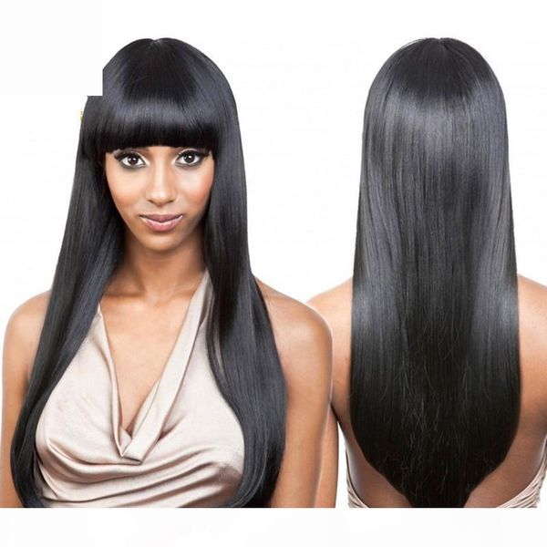 

glueless full lace wig with bang baby hair silk peruvian virgin silky straight lace front wigs silk base for black women, Black;brown