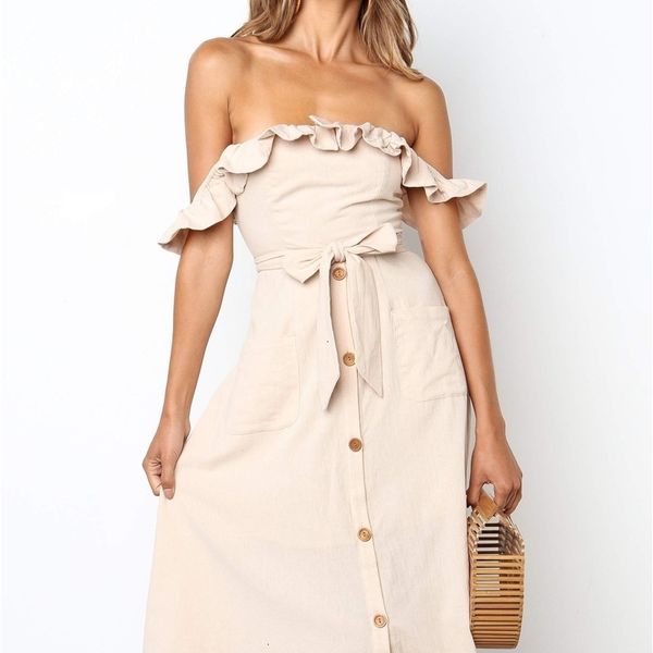 

2021 new oufisun fashion sunmmer girlie off the shoulder plied long summer beach whith belt midi dress go04, Black;gray