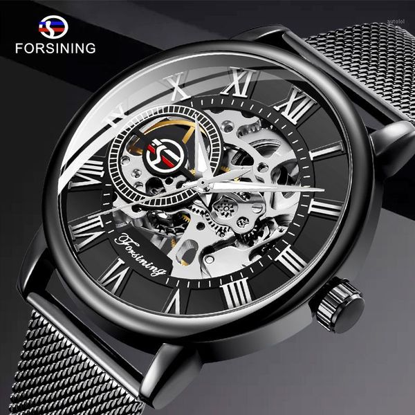 

forsining fashion casual men mechanical watch blue mesh strap ultra thin skeleton mens watches clock1, Slivery;brown