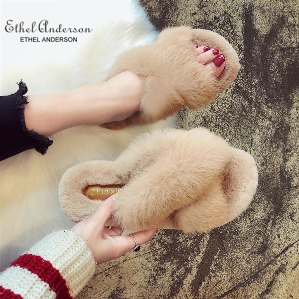 

ethel anerson womens real rabbit fur slippers female casual indoor outdoor slides flip flops vogue design flat shoes x1020, Black